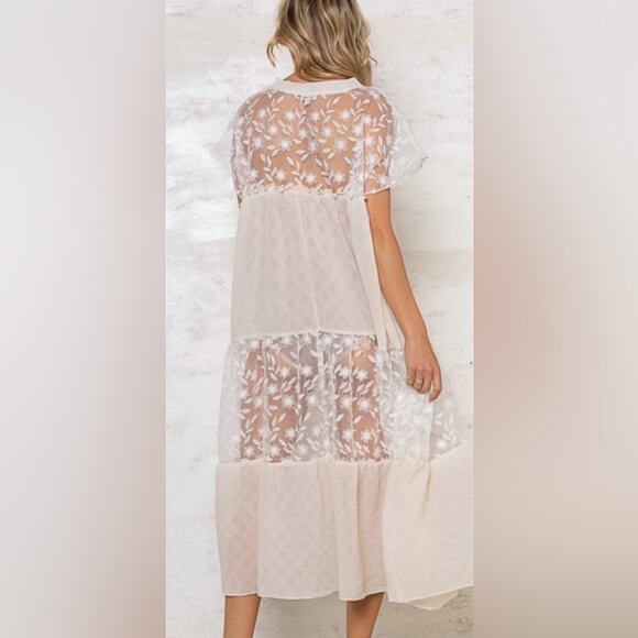 NWT Pol Bohemian Retro Lace Sheer Panel Embroidered Short Sleeve Dress White Med - Picture 6 of 12